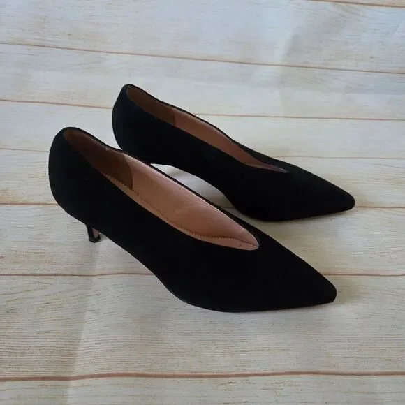 J. Crew Suede Leather Kitten Heels Pointy Toe Slide Women Shoes Size 6 1/2 Black - Picture 2 of 13